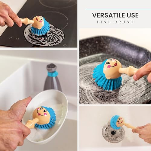 Vigar Dolls Dish Brush with Handle and Holder - Dish Scrubber Brush for Dishes and Pans, Kitchen Scrub Brush, Dishwashing Brush for Kitchen Sink Cleaning, Cute Standing Dish Brush Design - Gray, Blue - color: Gray, Blue