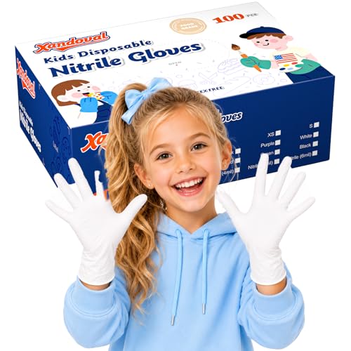 Kids Disposable Gloves for 4-8 Years, 5Mil White Nitrile Gloves for Work, Cleaning, Cooking, Gardening，Latex-Free and Powder-Free(XS,100PCS) - color: White of 100pcs, size: X-Small