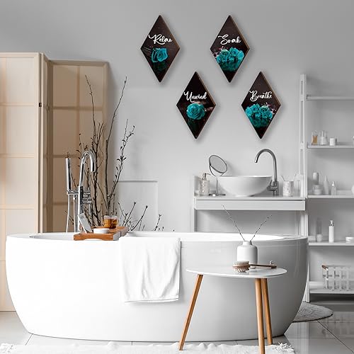 ONIZHITY Set of 4 Rose Wooden Wall Decor - Turquoise & Teal Bathroom & Office Signs (12 x 7) - Breathe, Soak, Unwind, Relax - color: Teal Rose