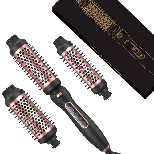 Thermal Brush Set 3-in-1 Curling Iron Brush Set, Dual Voltage 110-220V Thermal Hair Brush with 11 Temp Settings, 3 Interchangeable Travel Curling Irons (1.25“, 1.5”, & 1.75" Barrels) (Pink) - color: Rose Gold