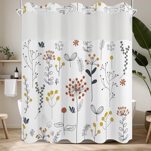 No Hook Shower Curtain with Snap in Fabric Liner Set, Waterproof & Washable, Farmhouse Cute Floral Shower Curtains for Bathroom, Spring Summer Botanical Plants Bathroom Curtain, House Gift, 71x74 inch - color: Hand-drawn Botanical