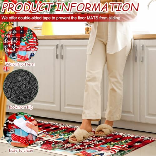 Drydiet 3 Pcs Christmas Kitchen Mat Washable Red Black Buffalo Plaid Kitchen Rug Non Slip Gnome Floor Mat Waterproof Farmhouse Xmas Doormat for Home Office Bathroom Party Holiday Decor - color: Red, style: Gnome