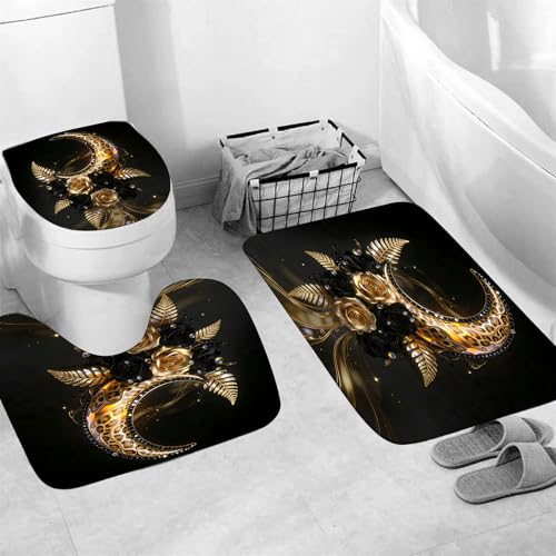 4 Piece Black and Gold Bathroom Set with Shower Curtain and Rugs, Luxury Leopard Moon & Rose Gothic Aesthetics Decor, Waterproof Fabric Curtain, Non-Slip Bath Mat & Toilet Lid Cover - color: Black Gold Moon