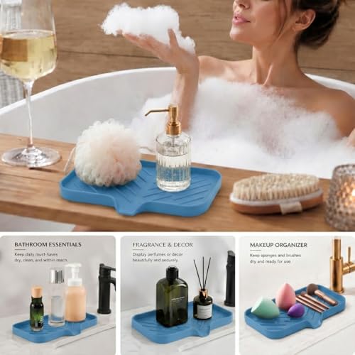 MicoYang Silicone Soap Dish with Drain Spout — Self-Draining Sink Organizer Tray for Bathroom & Kitchen, Sponges, Dispensers & Soap Holder, Non-Slip & Dishwasher Safe, Lichen Blue (Medium, 9.6"×5.3") - color: Lichen Blue, size: M(9.6"×5.3")