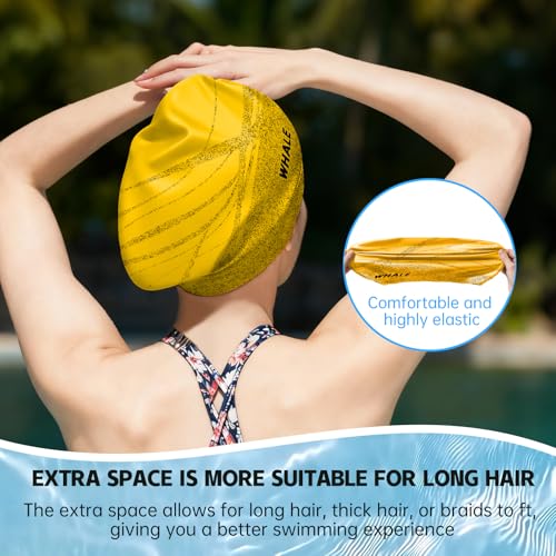 WHALE Extra Large Swim Cap Designed for Men and Women with Thick, Long Hair, Hair Extensions Or Afro-Textured Hair Long-Hair Swim Cap Highly Waterproof to Keep Hair Dry - color: Yellow