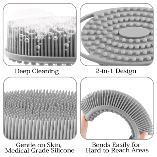2 Pack Silicone Body Scrubber with Loofah Exfoliating Soft Shower Scrubber for Body, 2 in 1 Bath and Shampoo Wash Brush for Skin Exfoliation Men Women (Grey&Pink) - size: Grey&Pink