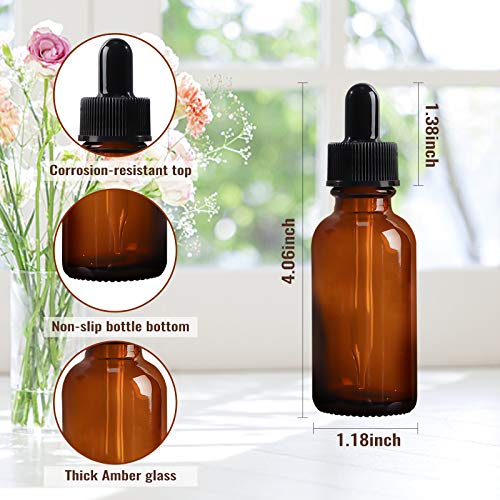 24 Pack 1oz Amber Glass Bottles with Glass Eye Droppers for Essential Oils, Perfumes & Lab Chemicals (Brush, Funnels, 2 Extra Droppers, 36 Pieces Labels & 30ml Measuring Cup Included) - color: Amber