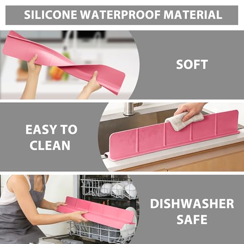 23Inch Sink Splash Guard – Extended Length & Tall Silicone Kitchen Sink Splash Guard with Overhang Drainage Design & Strong Suction Cups for Countertop (Rose Pink, 23''x3.5'') - color: Rose Pink, size: 23''x3.5''