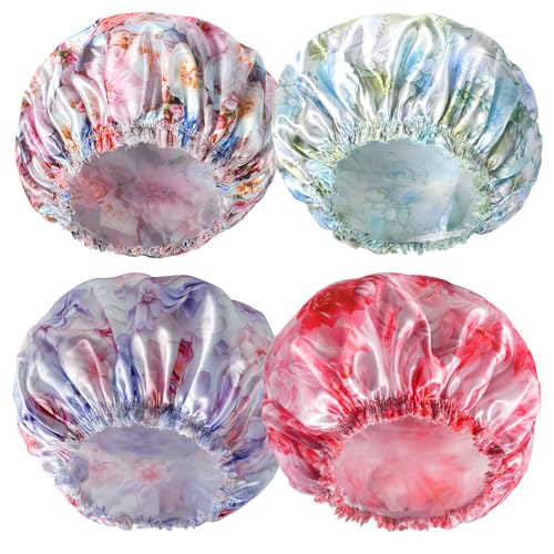 4 PCS Shower Caps for Women, 3D Printing Bath Caps, Double Layers Shower Cap Reusable Waterproof, Bathing Shower Caps, Environmental Protection Hair Bath Hat - Flower - color: 3D Flower 4 PCS/Set