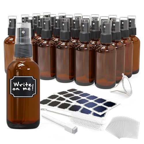 Nevlers Amber Glass Spray Bottles 4 Oz 24 Pack Travel Glass Bottle Sprayer | Small Spray Bottle 4 Oz Set with Shrink Wrap, Funnel, Labels, Brush & Marker | Spritzer Bottles for Hair, Face & More