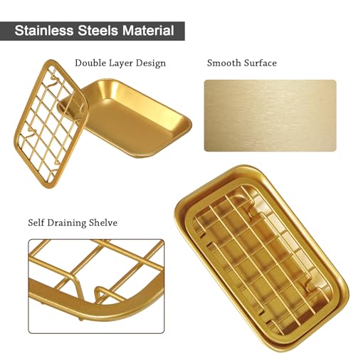 Kitchen and Bathroom Soap Dish Tray - Metal 2-Piece Soap Dish Tray with Drainage Grid and Holder for Kitchen Sink Countertops to Store Soap, Sponges, Scrubbers - Rust Resistant (2 Pack, Gold) - color: Gold