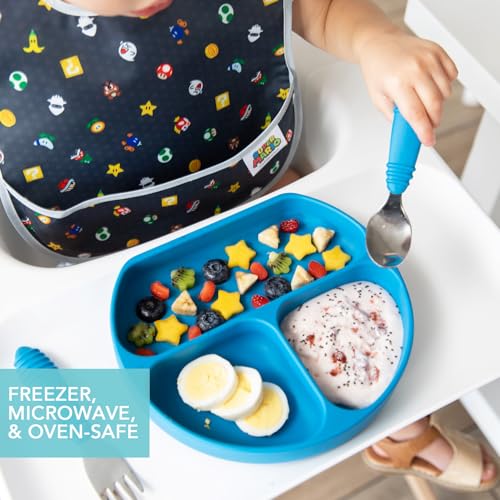 Bumkins Toddler and Baby Suction Plate, Silicone Divided Grip Dish for Babies and Kids, Baby Led Weaning, Children Feeding Supplies, Non Skid Bottom, Platinum Silicone, 6 Mos Up, Blue and Dark Blue - color: F6 Blue, Dk Blue-GD