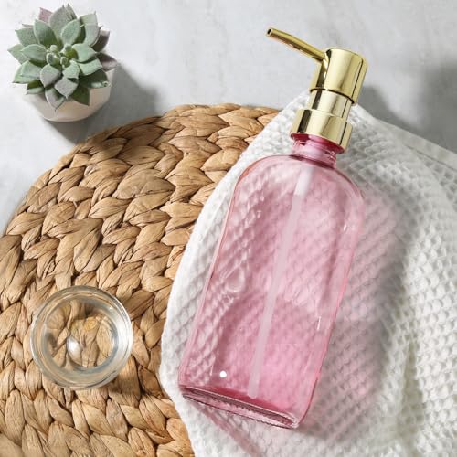 GMISUN Pink Soap Dispenser Bathroom, 1 Pack Glass Dish Soap Dispensers for Kitchen with Rustproof Plastic Gold Pump, 17 Fl Oz Bathroom Hand Soap Dispenser, Modern Liquid Dishwashing Dispensers Bottle - color: Pink Bottle + Golden Pump, size: 1 Pack