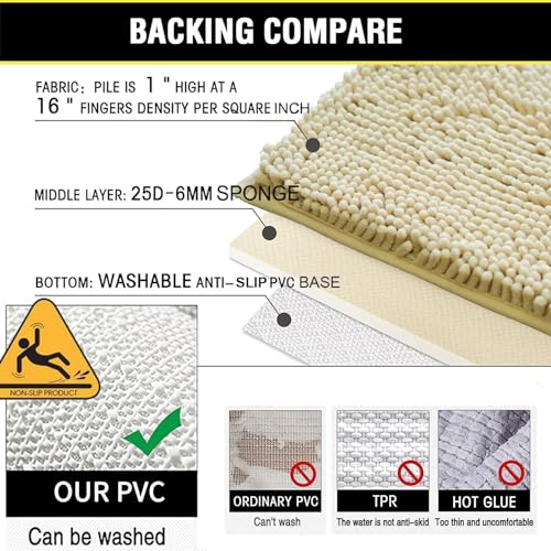 Bath Rugs Chenille 3-Piece Extra Soft and Absorbent Shag Beige Bathroom Rugs, Machine Wash Mat, Strong PVC Non-Slip Underside, Plush Carpet Mats (Beige) - color: Beige, size: 2'8" x 1'8" (16x24"+20x32"+20x20"U shape）
