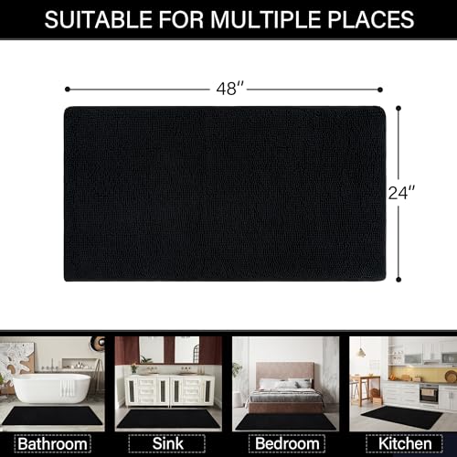 LOCHAS Luxury Bathroom Rug Shaggy Bath Mat 24 x 48 Inch, Washable Non Slip Bath Rugs for Bathroom Shower, Soft Plush Chenille Absorbent Carpets Mats, Black - color: Black, size: 2' X 4' (24''x48'')