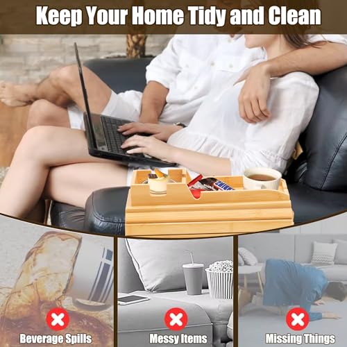 Bamboo Couch Cup Holder, Foldable and Anti-Slip Sofa Arm Table with Detachable Sofa Arm Organizer Tray, Portable 2 in 1 Sofa Armrest Tray for Drink, Coffee, Cup, Remote, Snacks, Cellphone, Glasses