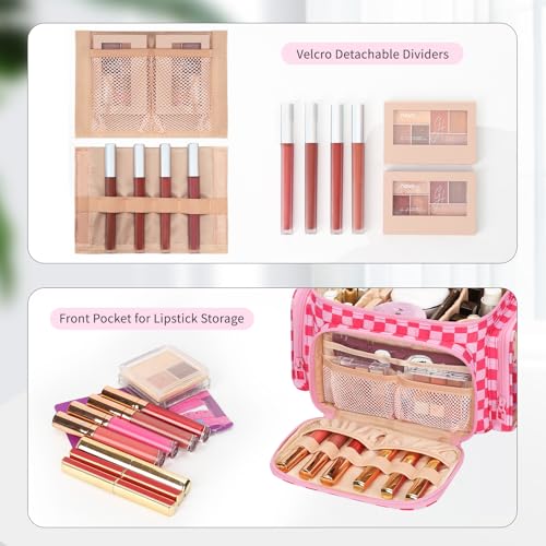 Bagmoly Large Checkered Makeup Bag, Travel Makeup Bag Organizer for Women Girls with Makeup Brush Compartment & Two Side Pockets, Cosmetic Travel Bag Vertical Storage Toiletry Bag- Hotpink - color: 04-Hotpink Checkerboard, size: Medium