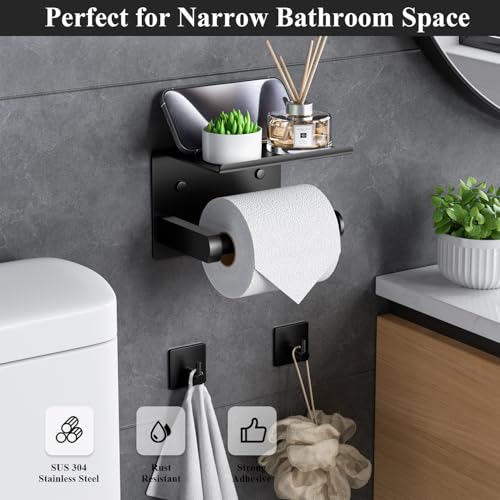 Tindbea Toilet Paper Holder Wall Mount + Towel Robe Hooks, Adhesive or Screw Wall Mounted Toilet Paper Roll Holder with Shelf, Stainless Steel Bathroom Organizers and Storage Kit (Matte Black) - color: Matte Black, size: Regular