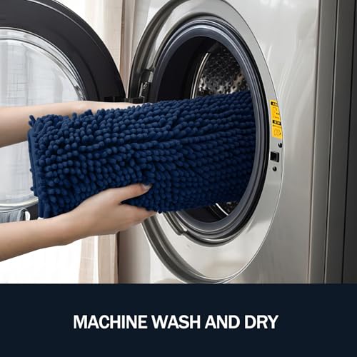 LINLA 3 Pieces Bathroom Rug Set, Absorbent Non Slip Chenille Bath mat, Thick Plush Chenille Carpet Mats Set,Washable Dry Quickly with U-Shaped Toilet Mat for Tub, Shower（Navy Blue） - color: Navy Blue