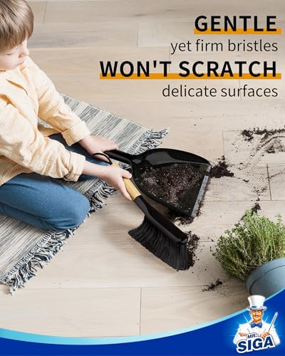 MR.SIGA Dustpan and Brush Set, Portable Cleaning Brush and Dustpan Combo with Bamboo Handle, Black, 1 Set - color: Black