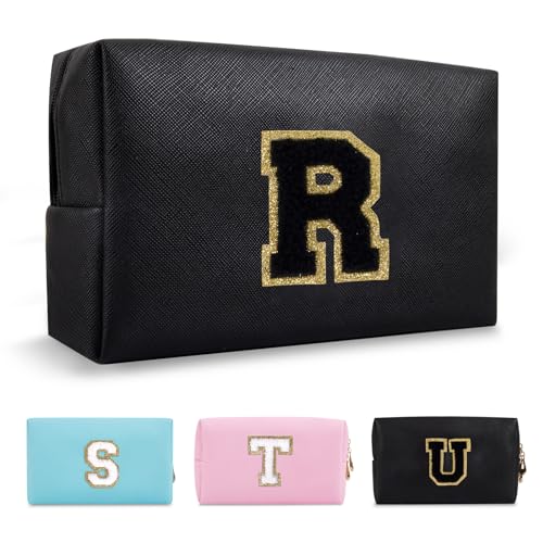 Personalized Initial A-Z Preppy Patch Makeup Bag,Small PU Chenille Letter Cosmetic Bag with Zipper for Teen Girls,Black Cute Toiletry Organizer Bag,Monogram Makeup Case Gift for Women Girls,Letter R - color: Black,Black-Letter, size: R