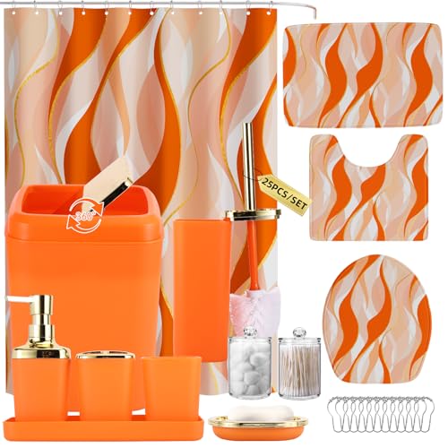 XLHOMO Bathroom Set - Orange and Gold Bathroom Accessories, Bathroom Sets with Shower Curtain and Rugs, Orange Shower Curtain Set with Bathroom Trash Can, Soap Dispenser, Soap Dish for Home Decor - color: Stripe Orange & Gold, size: Complete Set + Bath Ru