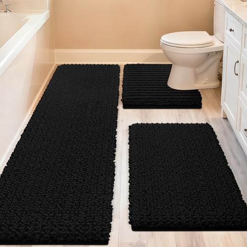 ACCUMTEK Upgrade Extra Large Black Bathroom Rug Set 3 Pieces Ultra Soft, Thick Absorbent Bath Mats, Non Slip Chenille Toilet Mat for Bathroom, Bedroom, Kitchen - color: Black, size: 48"x20"+24"x17"+U Shape24"x20"