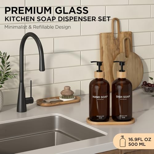 Hand and Dish Soap Dispenser Set,16oz Glass Bottles with Bamboo Pumps & Tray,Countertop Soap Dispensers for Kitchen,Luxury, Minimalist & Farmhouse Decor - color: Hand Dish (Amber)