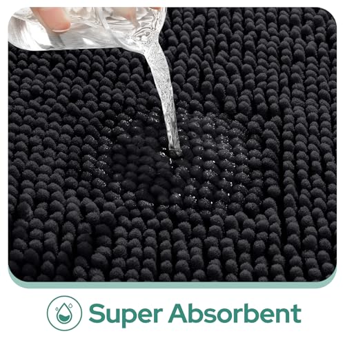 HOMEIDEAS 2 Pieces Bathroom Rugs, Non Slip Absorbent Chenille Toilet Bath Mat Set (Black) - color: Black-black, size: 1'5" x 2'8" (Rectangular 20"x32"+17"x24")