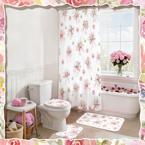 Tatuo 8 Pcs Pink Bow Daisy Shower Curtain Sets for Bathroom Decor Coquette Bathroom Accessories Daisy Rose Aesthetic Girly Shower Curtain Sets with Towels Carpet Bath Mat Toilet Rugs and 12 Hooks - style: Floral Bow