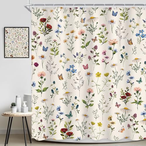 Vintage Floral Shower Curtain 72Wx78H Inch Long Rustic Spring Wildflower Botanical Flower Pretty Cute Herbs Butterfly Bathroom Set Elegant Aesthetic Bath Curtain Bathtub Accessories Home Decor - color: D 01 Beige, size: 72"W x 78"L (Pack of 1)