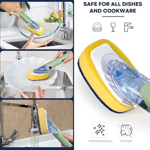 Dish Brush with Soap Dispenser Storage Set with 2 PCS Sponge Refills & Holder, Soap Dispensing Dish Brushes, Sponge with Soap Dispenser Handle, Dish Sponges with Handle for Dishes Pans Pots Sink - color: Green