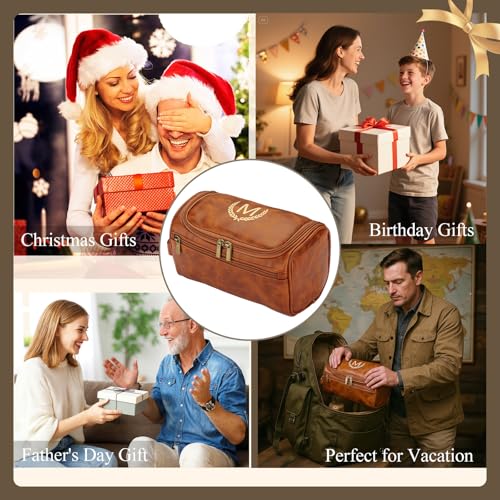 OXYEFEI Personalized Toiletry Bag for Men,Personalized Gifts for Men,Engraved Initial PU Leather Mens Toiletry Travel Shaving Travel Essentials Toiletries Bag for Him Birthday (S, Light Brown) - color: Light Brown, style: S