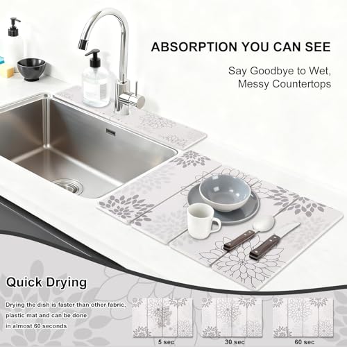 Stone Drying Mat for Kitchen Counter 3-Pack, Soft Diatomaceous Earth Absorbent Mat Set, Quick Dry Stone Faucet Splash Guard & Small Drying Pad, Foldable Diatomite Stone for Pet, Plant & Bath - color: White Floral