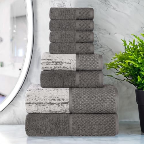 Superior Cotton Bathroom Towel Set Plush Absorbent 8 Piece, Charcoal Silver | Soft Quick Dry, Bathroom Essentials, Jacquard & Solid Pattern Assorted Towels, 2 Bath, 2 Hand, 4 Face Towel, Lodie Collection - color: Charcoal-silver, size: 8 Piece Towel Set (