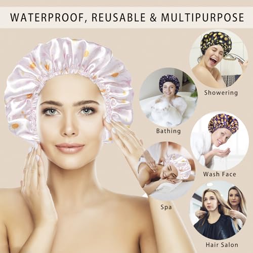4 PCS Shower Cap for Women, Elastic and Reusable Bath Caps, Double Layers Shower Caps Reusable Waterproof, Bathing Shower Caps, Environmental Bath Hair Protection Cap - Ginkgo Leaf - color: Ginkgo Leaf