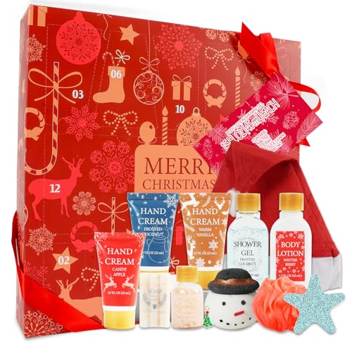 Advent Calendar Holiday Gifts 2025, 12 Pcs Spa Gift Set for Women, Christmas Gift for Women with Christmas Bath Bomb, Hand Cream, Body Lotion,Happy New Year Gifts for Mother - color: Red