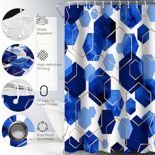 4Pcs Blue White Geometric Shower Curtain Set, Neutral Modern Art Deco Shower Curtain with Hooks, Elegant Trendy Simple Bathroom Sets with Shower Curtain and Rugs, 71 * 71in - color: Blue