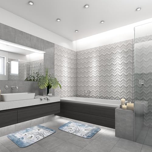 ArtSocket Daisy Flowers Butterfly Bathroom Set with Shower Curtain and Bath Rugs and Accessories,Abstract Blue Grey Non-Slip Shower Curtain Set,Bathroom Decor 3 Pcs - color: Daisy Flowers Butterfly