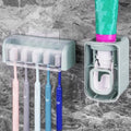 5 Slots Wall Mount Toothbrush Holder with Cover, Self Adhesive Toothbrush Storage Organizer for Shower, Toothbrush Hanger with Automatic Toothpaste Squeezer Dispenser (Blue) - color: Blue Combination