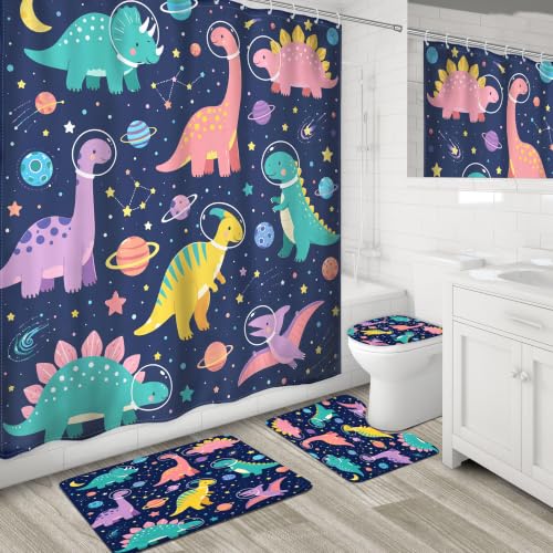 4PCS Kids Dinosaur 71Wx71H Inches Funny Cute Planet Colorful Outer Space Shower Curtain Sets with Rugs, Toilet Lid Cover and Bath Mat, Boys Bath Accessories Art Home Decor Fabric 12 Pack Hooks - color: C1-blue