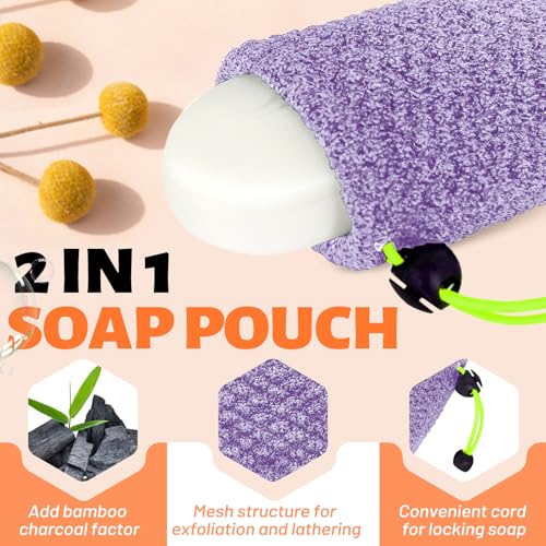 MIG4U Exfoliating Soap Bag for Shower 2 Pieces - Bar Soap Saver Pouch, Bamboo Body Scrubber Exfoliator Pocket in Travel Bathing, Purple - style: 1 exfoliation level - Purple