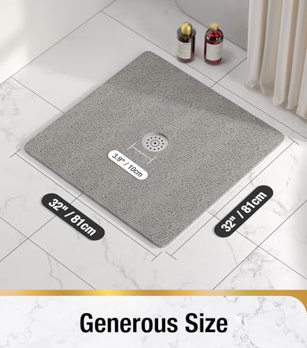 HITSLAM Square Shower Mat, 32 x 32 Inch Non Slip Bath Mat for Tub, Soft PVC Loofah Bathtub Mats with Drain Holes, Quick Drying Bathroom Stall Floor Mat, Bathroom Accessories Without Suction Cup, Grey - color: Grey, size: 32" x 32" (Square)
