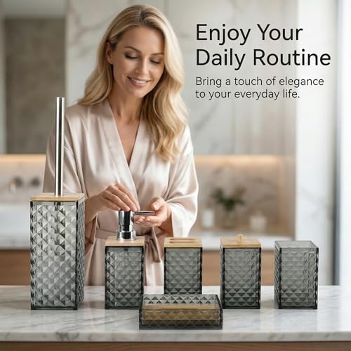 Grey Bathroom Accessory Set, 6 PCS Grey Bathroom Accessories Set, Soap Dispenser, Toothbrush Holder, Soap Dish, Mouthwash Cup, Cotton Swab Holder and Toilet Brush, Acrylic - color: Grey