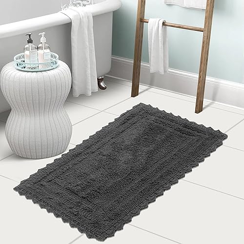 TreeWool 2-Pack Gorjeeus Collection Soft Reversible Bathroom Rug Cotton Bath Mat Set with Crochet Border - Rectangle (19" x 26"; Charcoal Grey) - color: Charcoal