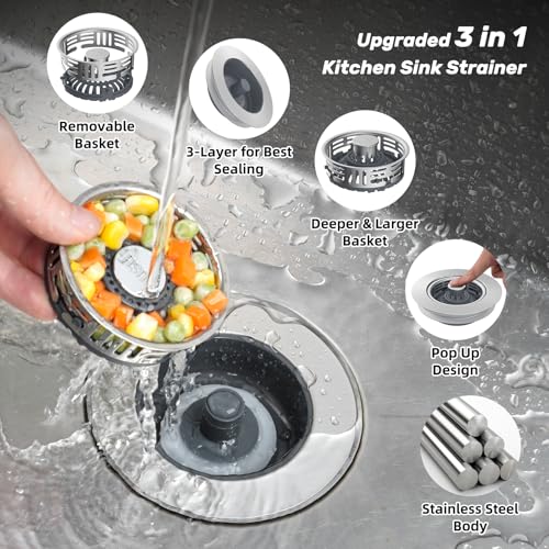 Hibbent Upgraded 3 in 1 Kitchen Sink Drain Strainer, Stainless Steel Pop Up Sink Stopper, Larger Anti-Clogging Basket, 3-Layer Seal, Detachable Drain Plug for US Standard 3-1/2" Drain, Brushed Nickel - color: Brushed Nickel
