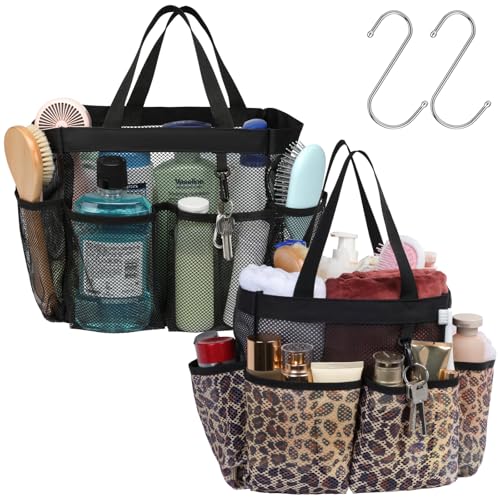 Mesh Shower Caddy Portable - 2 Packs, S-Hook, Shower Bag for Dorm Camping | 8 Pockets, 2-Handle, Quick-Dry, Hanging College Dorm Room Essentials for Girls, Gym, Travel & Bathroom, Black & Leopard - color: 2 Pack, Black & Leopard, size: L (Classic Dorm Cad