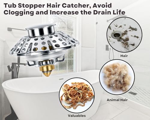 Universal Bathtub Drain Stopper, Bathtub Drain with Strainer, Pop Up Tub Drain Hair Catcher for 1-3/8 to 2in Tub Drain Hole
