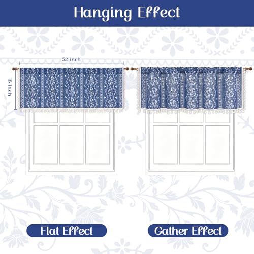 Yinhua Boho Valance Curtains Vintage Linen Blue Kitchen Valances for Windows Light Filtering Bohemian Floral Valance Rod Pocket Farmhouse Tassel Window Valances for Bathroom Cafe, 52" W X 18" L - color: Blue, size: 52"W x 18"L (Pack of 1)