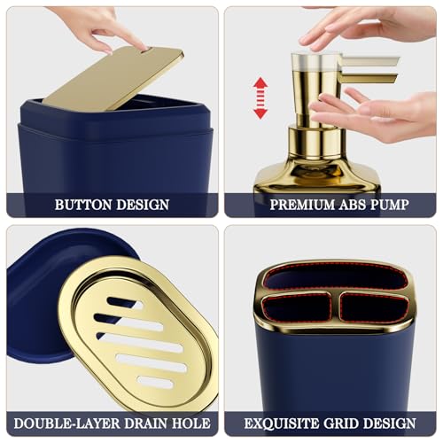 Bathroom Set - 11PC Bathroom Accessory Set, Bathroom Accessories Set, Blue Bathroom Set, Push-lid Trash Can, 3PC Soap Dispensers, Toilet Brush & Q-tip Holders - color: Navy Blue & Gold, size: Bath Set